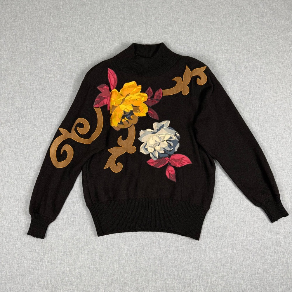 Janet Maffei Vintage Black Floral Suede Applique Sweater Size 10 Mock Neck 80s